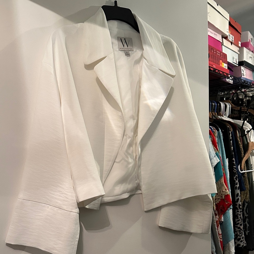 W by Worth Ivory Cropped Draped Collar Blazer